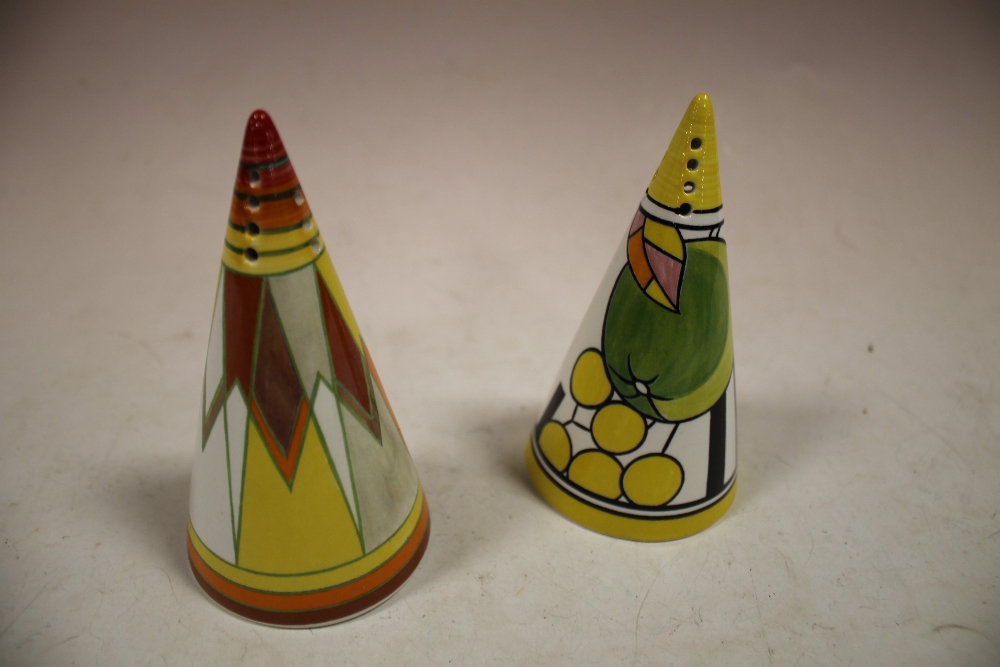 TWO CLARICE CLIFF LIMITED EDITION SUGAR SHAKERS 'SUN GOLD' AND 'APPLES'