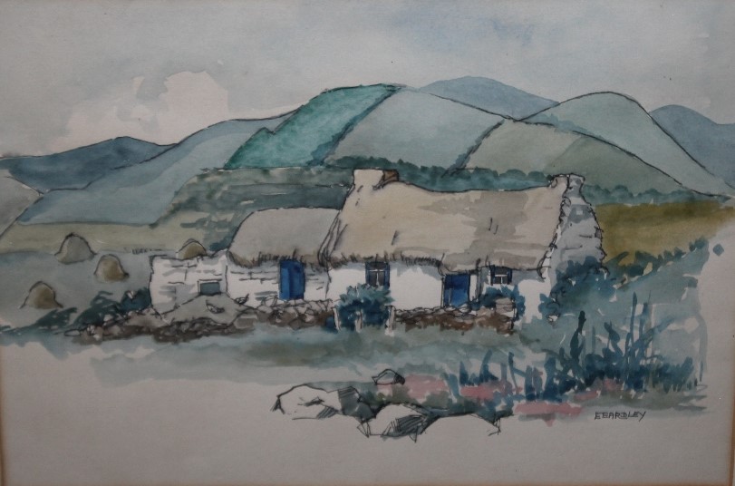 ENID MARY EARDLEY. Cottages in a hilly landscape, County Donegal, Ireland, see exhibition label
