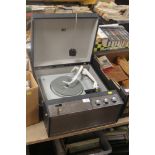 A STYLISH MID CENTURY VINTAGE HMV RECORD PLAYER WITH GARRARD DECK