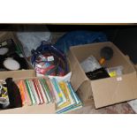 A QUANTITY OF SUNDRIES TO INCLUDE PLANT POTS, HEAVY DUTY JUMP LEADS, HAYNES MANUALS, WALL SOCKETS,