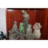 A SELECTION OF GARDEN ORNAMENTS TO INCLUDE A MUSHROOM HOUSE, FROG, BIRD ON BRANCH, ETC