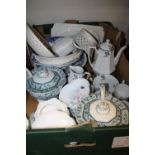 A TRAY OF ASSORTED CERAMICS AND CHINA TO INCLUDE AYNSLEY, LEEDS WARE, BURLEIGHWARE, BOOKS ETC.