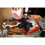 A BOX OF VINTAGE TOYS TO INCLUDE WOODEN CARS