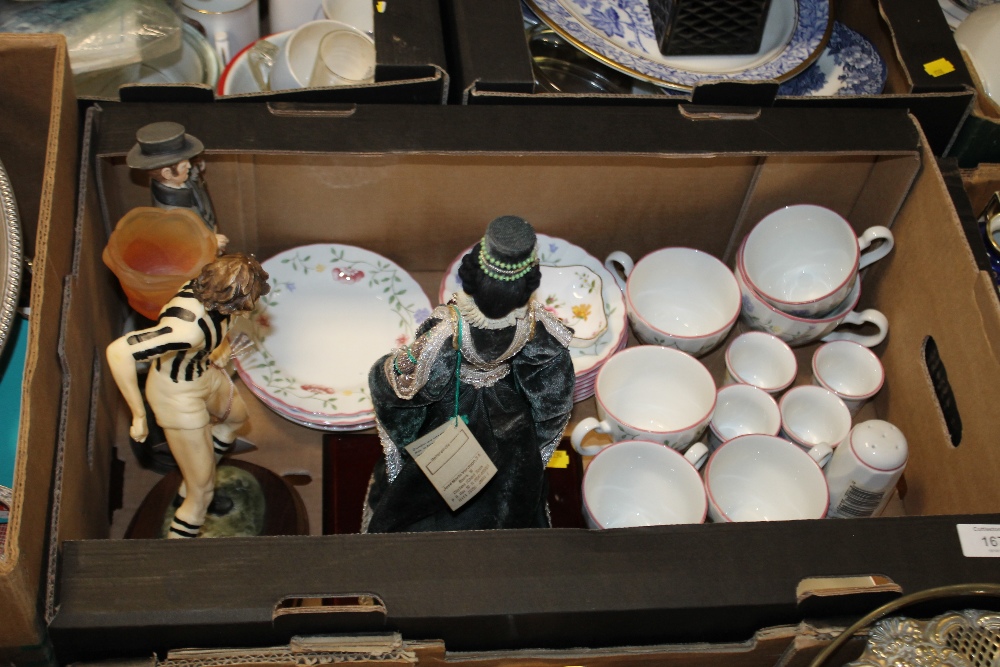 A TRAY OF JOHNSON BROTHERS CHINA TOGETHER WITH THREE FIGURES, CROWN DERBY PIN DISH ETC