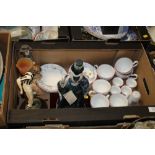 A TRAY OF JOHNSON BROTHERS CHINA TOGETHER WITH THREE FIGURES, CROWN DERBY PIN DISH ETC