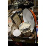 A TRAY OF ASSORTED ITEMS TO INCLUDE AN ENAMELLED RETRO LIGHT FITTING, MASONS, VINTAGE NEEDLEWORK