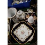 A TRAY OF GILDED CERAMICS TO INCLUDE DRESDEN VASE, COALPORT PLATES ETC