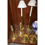 TWO PAIRS OF BRASS CANDLE STICKS TOGETHER WITH A SELECTION OF CANDLE HOLDERS