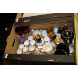 A TRAY OF ASSORTED CHINA TO INCLUDE A BLACK AND GILT WADE COFFEE SET, CHILDS TEA SET ETC.