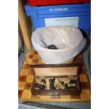 A DOMED BOX OF VINTAGE CHESS PIECES TOGETHER WITH ANOTHER SET AND A CHESSBOARD