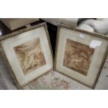 A PAIR OF FRAMED SEPIA ENGRAVINGS NYMPHS & SATYR ALONG WITH CIMONE & IFIGENIA