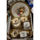 A SMALL TRAY OF ROYAL GRAFTON FRUIT PATTERN CHINA SIGNED D WALLACE TOGETHER WITH A PAIR OF FRENCH