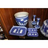 A BLUE DIP JASPERWARE JARDINIERE TOGETHER WITH A DRESSING TABLE TRAY, PAIR OF CANDLESTICKS AND TWO