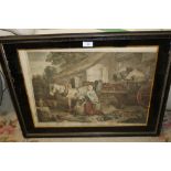 A HAND COLOURED ENGRAVING ENTITLED PREPARING FOR MARKET (FRAMED AND GLAZED)