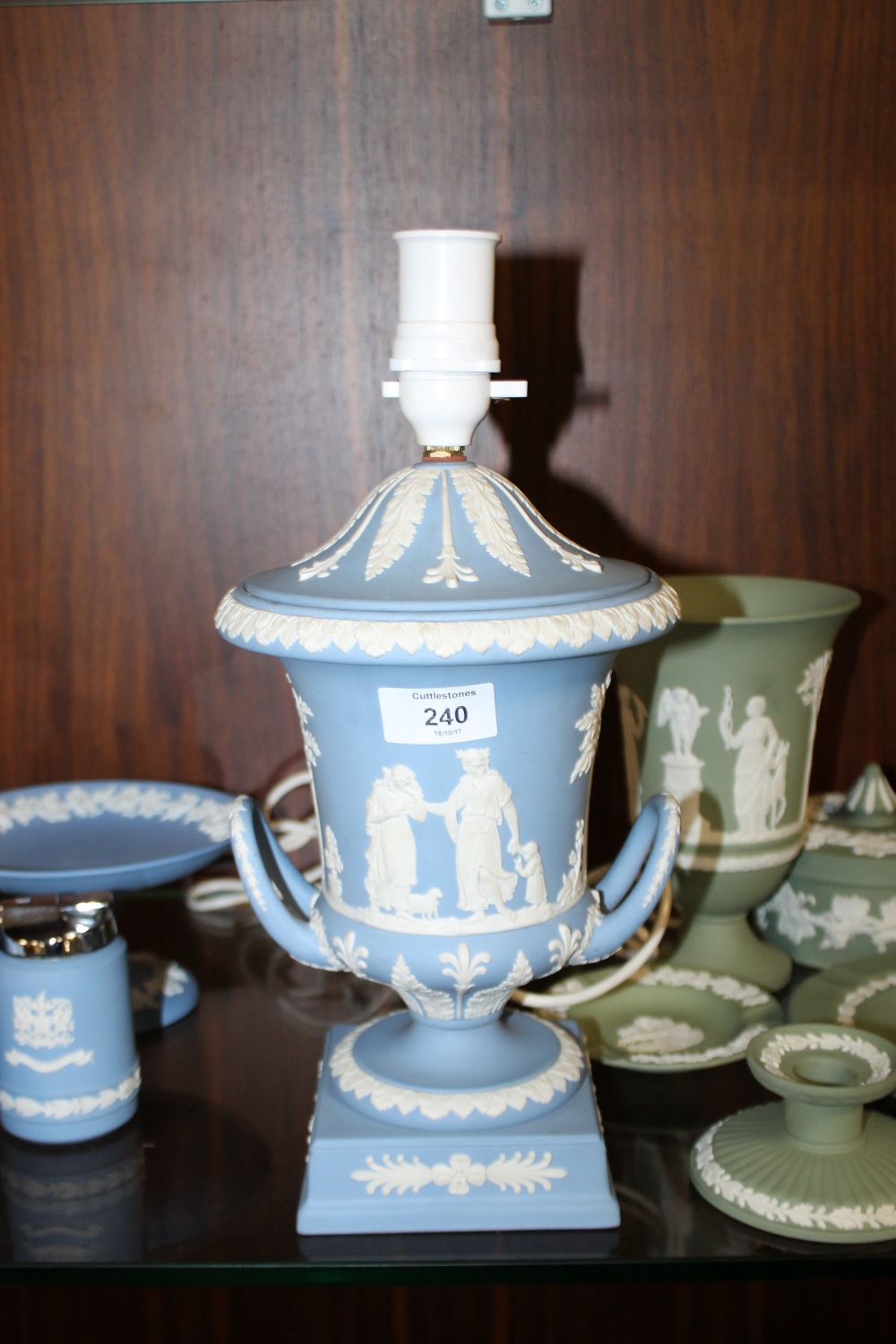 A WEDGWOOD BLUE JASPER CAMPAGNA URN VASE CONVERTED TO A LAMP