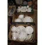 THREE TRAYS OF WEDGWOOD MIRABELLE TEA AND DINNERWARE TO INCLUDE TEAPOT, TUREEN, DINNER PLATES ETC.