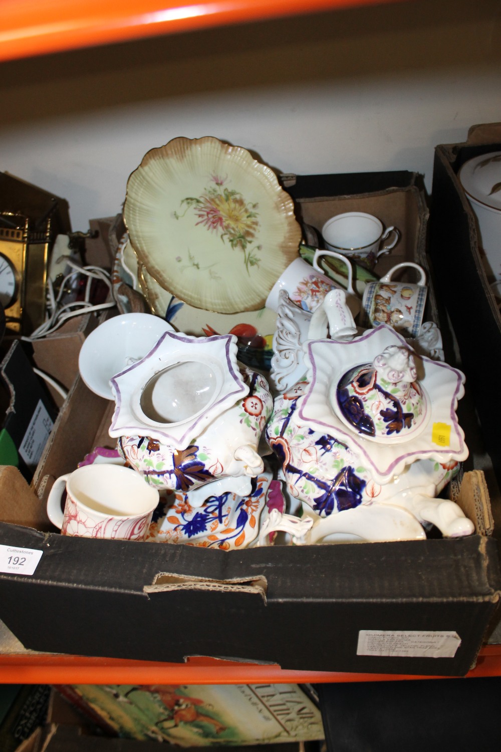 A TRAY OF ASSORTED CHINA TO INCLUDE GAUDY WELSH, BUNNYKINS ETC.