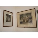 TWO FRAMED AND GLAZED COLOURED ENGRAVINGS DEPICTING CLASSICAL SCENES