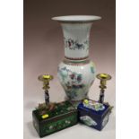 A LARGE CHINESE VASE A/F TOGETHER WITH A PAIR OF BLUE AND WHITE CERAMIC AND BRASS CANDLE STICKS,