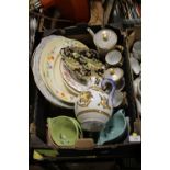 A TRAY OF ASSORTED CERAMICS TO INCLUDE A GILDED COFFEE SET, ROYAL WINTON, GIEN JUG ETC