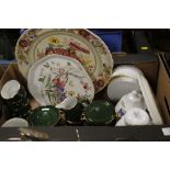 A TRAY OF ASSORTED CERAMICS AND CHINA TO INCLUDE A LARGE MASONS PLATE, AYNSLEY COTTAGE GARDEN LIDDED