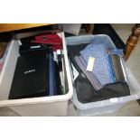 TWO BOXES OF MOSTLY MENS CLOTHING TO INCLUDE BOXED SHIRTS, SCARVES ETC