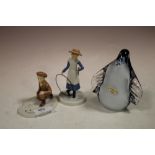 A BOXED WEDGWOOD GLASS PENGUIN PAPER WEIGHT TOGETHER WITH TWO WEDGWOOD FIGURES (3)