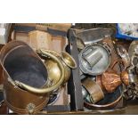 TWO TRAYS OF MIXED METALWARE TO INCLUDE A COAL BUCKET, QUANTITY OF PEWTER, VINTAGE COPPER BOWL ETC