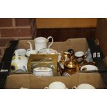 A TRAY OF ASSORTED CERAMICS TO INCLUDE A ROYAL COPENHAGEN VASE, GILDED COFFEE SERVICE ETC