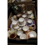 A TRAY OF MOSTLY VINTAGE CUPS AND SAUCERS, MAILING CHINA ETC.