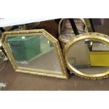 TWO GILT FRAMED MIRRORS, TOGETHER WITH A BRASS LAMP