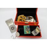 A BOX OF ASSORTED COSTUME JEWELLERY, TO INCLUDE SILVER HALLMARKED EXAMPLES