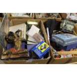 TWO TRAYS OF ASSORTED SUNDRIES, TO INCLUDE A BRONZED FIGURE OF A LADY, CLOCKS, BINOCULARS, ETC