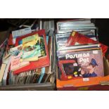A BOX OF ASSORTED RECORDS TO INCLUDE POSTMAN PAT ETC TOGETHER WITH A BOX OF BOOKS