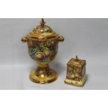 A LARGE BARONESS LIDDED URN, ORCHARD GOLD STYLE SIGNED A. MELLOR, TOGETHER WITH A LIDDED TEA CADDY