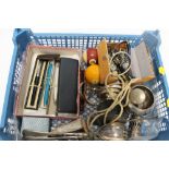 A BOX OF COLLECTABLES, TO INCLUDE PENS, WRIST WATCHES ETC