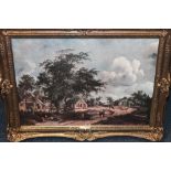 AN OIL ON CANVAS DEPICTING A COUNTRY SCENE IN A GILT FRAME, TOGETHER WITH TWO OAK FRAMED PRINTS OF