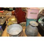 A QUANTITY OF ASSORTED METALWARE, TO INCLUDE TWO ENAMEL BREAD BINS