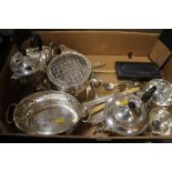 A TRAY OF ASSORTED WHITE METAL ITEMS INCLUDING FOUR PIECE TEA SET