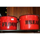 TWO ENAMEL LIDDED BINS, BREAD AND FLOUR