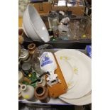 TWO TRAYS OF ASSORTED CHINA, CERAMICS AND GLASSWARE, TO INCLUDE A COFFEE GRINDER