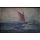 ENGLISH SCHOOL (XX). Seascape with a sailing boat, oil on canvas, gilt framed, 19 x 29.5 cm