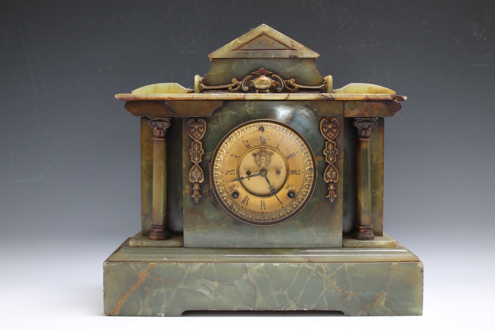 ANSONIA CLOCK CO USA MANTEL CLOCK, the alabaster case of architectural form, having gilt face with