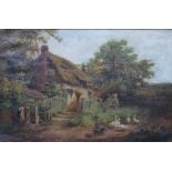 BURNETT - ENGLISH SCHOOL (XIX - XX). A country cottage with a figure at the well and geese, signed