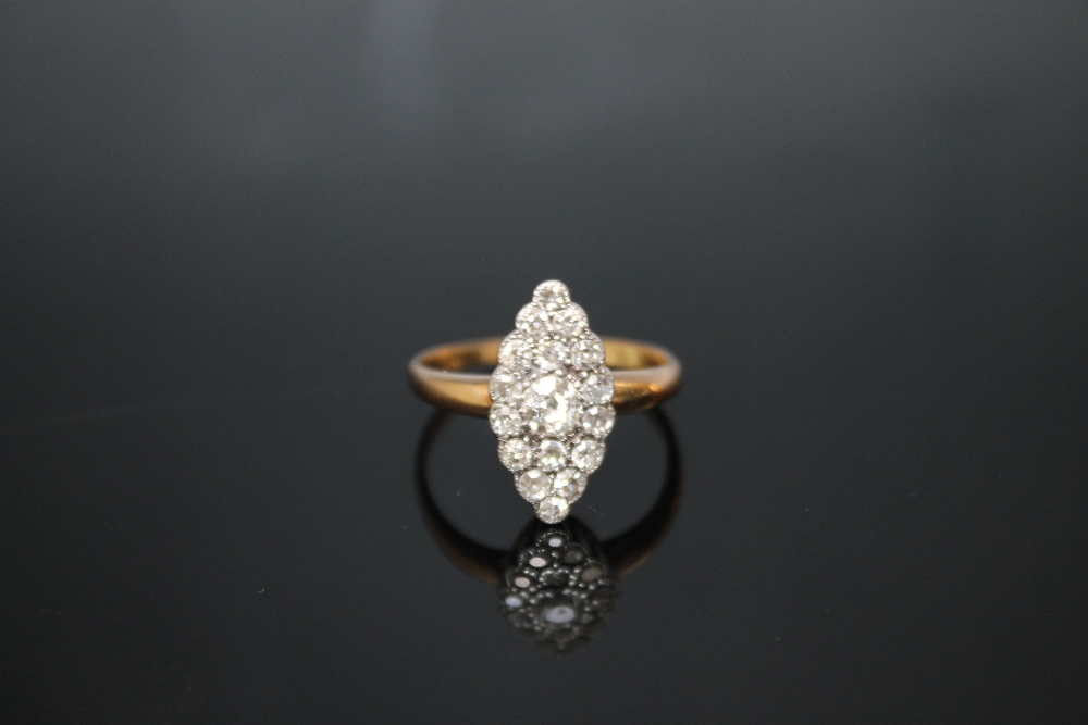 AN 18CT YELLOW GOLD MARQUISE SHAPED DIAMOND CLUSTER RING, set with old cut diamonds totalling appr - Image 2 of 2