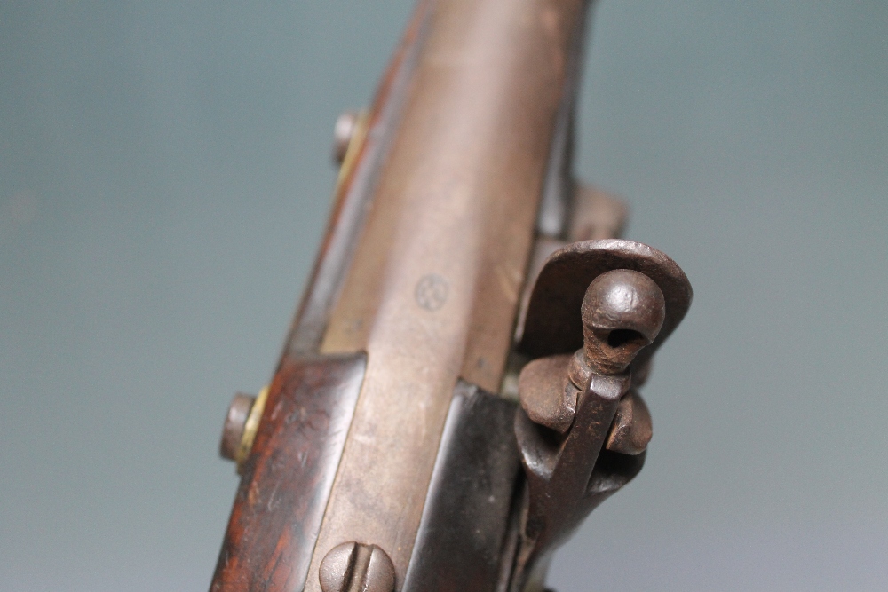 A PAIR OF 19TH CENTURY ANTIQUE BELGIAN FLINTLOCK PISTOLS, having mahogany stock, steel barrel with - Image 8 of 12