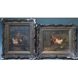 H KATE ? (XX-XXI). Chickens, signed lower left but indistinct, oils on boards, a pair, gilt framed,