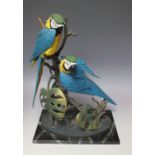 A BORDER FINE ARTS BLUE AND GOLD MACAWS ON PLINTH, BO327, limited edition number 113 of 950, with c