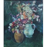 G. ROBERTS. A still life study of two vases of flowers, signed lower right, oil on board, framed,