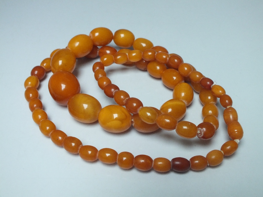 A GRADUATED SINGLE STRAND 'EGG YOLK' AMBER BEAD NECKLACE, overall L 75 cm, central bead W 2.1 cm, a - Image 5 of 6